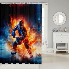 Feelyou Hockey Player Shower Curtain Ice Hockey Fabric Shower Curtain for Kids Fire Bathroom Waterproof Accessories with 12 Hooks Women Men Teens Ultra Soft Decor Sport Curtains,72x72 Inches