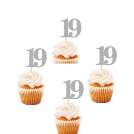20 Pack of Number"19" Cupcake Toppers Glitter 19th Birthday Party Anniversary Party Cupcake Toppers (Glitter silver)