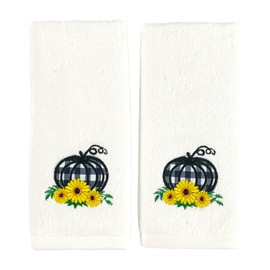 Fall Bathroom Fingertip Towels – Set of 2 Cotton with Embroidered Black & White Check Pumpkin and Sunflower Design – 25” x 16” Seasonal Autumn Bathroom & Kitchen Décor