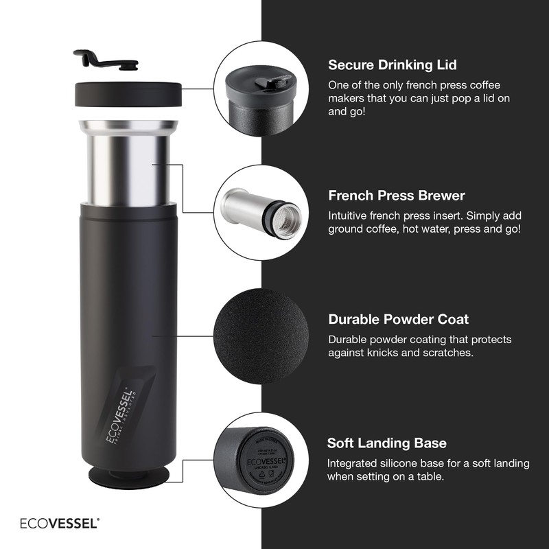 EcoVessel - Prensa francesa portátil, cafetera de viaje, aislada, acero