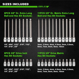 TecoTek 38-Piece 3/8 Inch Drive Extra Long Ball End & Standard Hex Bit Socket Set, Extra Long Allen Socket Set, SAE (1/8-3/8”) and Metric (3-10MM), CR-V & S2 Alloy Steel, Enhanced Storage Case