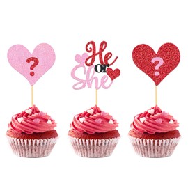 24PCS Valentine's Day He or She Cupcake Toppers for Gender Reveal Decorations, Boy or Girl Gender Reveal Cupcake Toppers for Valentine's Day Baby Shower Decorations (S/H)