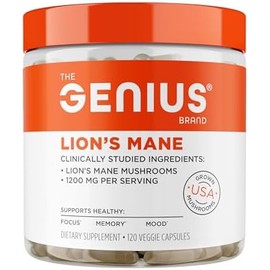 The Genius Brand Genius Lions Mane Cognition Vitaminas Suplemento Cápsulas Suplemento Nootrópico Orgánico, 1200Mg Por Porción 120 Píldoras