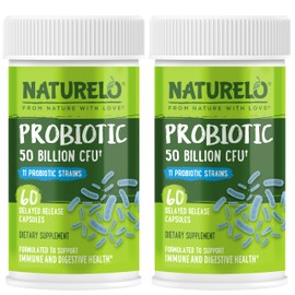 NATURELO NATURELO Probiotics for Digestive Health - 50 Billion CFU, 11 Strains, Daily Use Supplement - Boosts Immune System, Delayed Release, No-Fridge, 60 Vegetarian Capsules (Pack of 2)