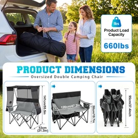 Double Camping Chair with Sunshade Canopy & 4 Detachable USB Fans, 3-Speed Heavy Duty 660 Lbs Folding Loveseat Beach Chair with Cup Holder for Lawn, Picnic & Outdoor Sports (No Battery)