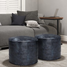 SIMPLIHOME Connor Boho Round Pouf in Distressed Navy Blue Leather, Footstool, Footrest, Upholstered, for the Living Room, Family Room
