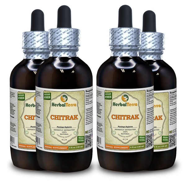 Chitrak (Plumbago Zeylanica) Dried Root Liquid Extract (Brand Name: HerbalTerra, Proudly Made in USA) 4x4 oz