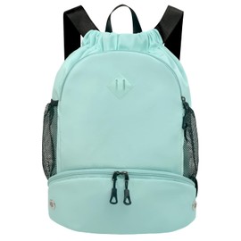 Drawstring Backpack Gym Backpack with Shoe Compartment for Men Women String Sports Bag with Wet Pocket Cinch Swim Beach Bag, Mint Green