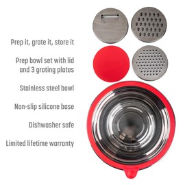 Goodful Stainless Steel Mixing Bowl with Non-Slip Bottom, Lid and 3 Interchangeable Grater Inserts (Fine, Coarse, Slicing), 5 Quart, Red
