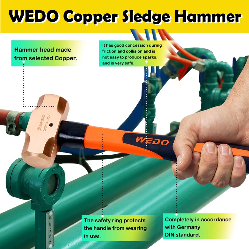 WEDO Copper Sledge Hammer with Fiberglass Handle,Long Straight Handle,Length 400mm(16"),5lb