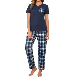 Crewhpo Women's Pyjamas Set Short Sleeve Cotton Pjs Set Soft Loungewear Sleepwear V-Neck Top and Plaid Bottoms with Pockets Blue