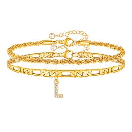 BRIJEWLIC Initial Ankle Bracelets for Women, 14K Gold Plated Layered Initial Figaro Chain Anklet Gold Rope Chian Anklet for Women Large Ankle Bracelets for Women Plus Size Gifts for Womens Jewelry（L）