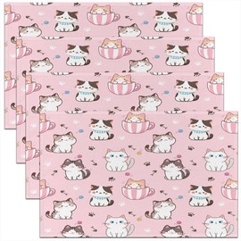 Feelyou Cat Placemats Set of 4 Cats Print Placemats for Dining Table Indoor Outdoor Kitchen 12"x18" Kawaii Cartoon Table Mats Placemat Room Decor Cute Kitten Decor Table Place Mats Pink Animal Themed