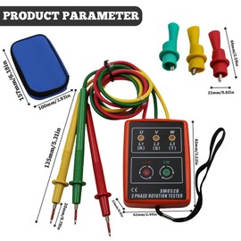 WIYETY 3 Phase Portable Phase Tester: Rotary Field Meter AC60V~600V, 3 Phase Sequence Rotation Tester, Voltage Tester with Buzzer Tester and Crocodile Clips Suitable for High Voltage Devices