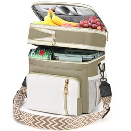 LOKASS Lunch Box for Women/Men-16L-Insulated Lunch Bag, Expandable Double-layer Leakproof Cooler Bag with Upgrade Adjustable Shoulder Strap Ideal for Work/Travel/Picnics（Beige&White）