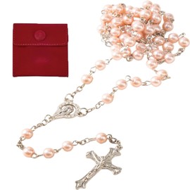 Zeaying 1 x Catholic Rosary with Velvet Gift Bag, Elegant Portable Rosary Catholic, Rosary with Retro Cross, Rosary Communion Girls, Suitable for Weddings, Communion Parties, Glass, Pearl