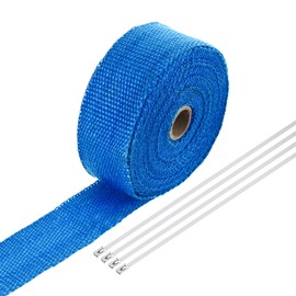 MECCANIXITY Fiberglass Exhaust Wrap Tape,2" x 33' Blue Header Heat Wrap with 4 Stainless Ties for Hot Rods and Motorcycle