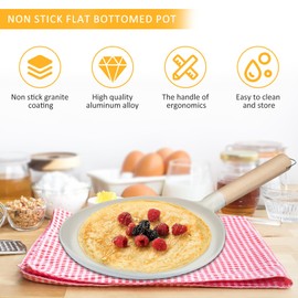 Foribyw 9.2in Non Stick Crepe Pan, Induction-Safe Aluminium Pancake Flat Skillet with Wood Handle, Induction Compatible,BPA Free for Healthy Cooking