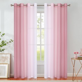 Chiffon Sheer Ombre Curtains for Living Room, Grommet Special Crinkle Gradient Pink Semi Sheer Window Treatments Privacy with Light for Bedroom Kids Room, All Season, 52"x63"x2