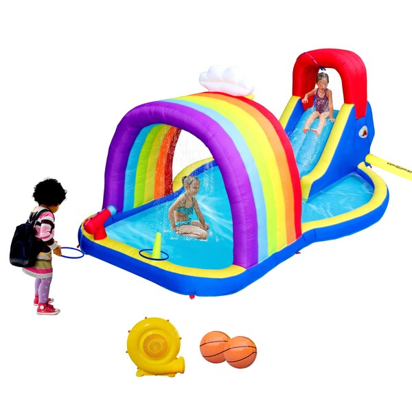 WELLFUNTIME Inflatable Water Park with Blower and Rainbow Sprinkler, Rock Climbing, Water Cannon