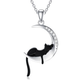 LWXIE Diamond Black Cat Necklace for Women 925 Sterling Silver Sleeping Cat Moon Pendant Necklace with Lab Grown Diamonds Jewelry Gifts
