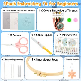 Ponpon 3 Sets Embroidery Kit for Beginners, Embroidery Kit for Adults with Follow Instruction, Cross Stitch Kits with Wooden Embroidery Hoops (Stlye D)