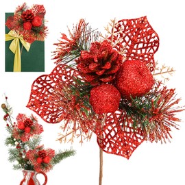 ZoneYan Artificial Berries, 4 Pieces Artificial Pine Branches, Christmas Cuttings with Berries and Pine Cones, Christmas Berry Stems, Perfect for Christmas Trees, Gift Boxes and Wreath Designs