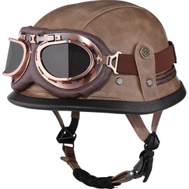 Yesmotor Motorcycle Half Helmet Retro German Handmade Leather Half Face Quick Release Buckle & Goggles - DOT Approved (Light Brown, L)