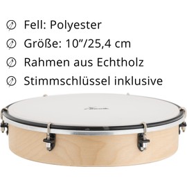 XDrum HTM-10K 10 Inch Hand Drum with Plastic Fur - Frame Drum with Polyester Fur - Tunable with 6 Tension Hooks - Maple Wooden Frame - Ergonomic Handle - Natural
