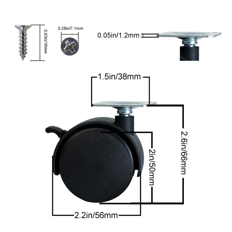 Dalyndar 2 Inch Furniture Caster Wheels 4pcs Swivel Plastic Rollers