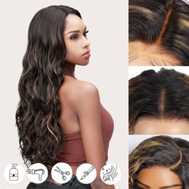 ManeMajesty 13x6 Lace Front Wigs Human Hair Highlight Body Wave Lace Front Wigs Human Hair Pre Plucked With Baby Hair 180% Density HD Lace Glueless Wigs for Black Women 26 Inch FS1B/30