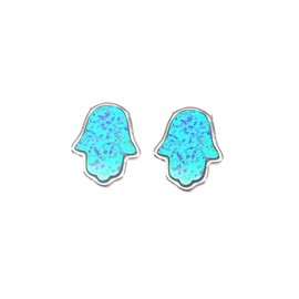 925 Solid Sterling Silver Small Synthetic Blue or White Opal Hamsa Stud Earrings - Hand of God