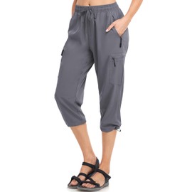 VEOBIKE Women’s Cropped Pants for Summer Outdoor Elastic Waist Stretch Petite Cargo Hiking Capri Pants Loose Fit