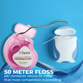Expandable Floss Treated with Activated Charcoal with Xylitol and Natural Plant Based Wax |Fresh Mint Flavor | 50 Meter (6 Count)