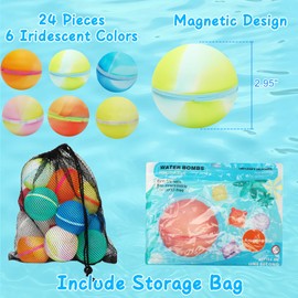 24 Pcs Reusable Water Balloons Refillable Magnetic Water Bombs Tie-dye Splash Balls Easy Quick Fill & Self-Sealing Beach Toys with Mesh Bag for Kids Ages 3-12, Summer Pool Party Outdoor Water Games