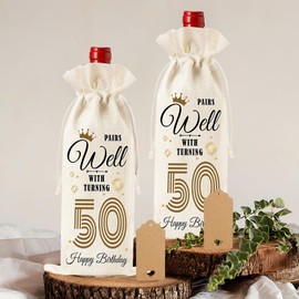50th Birthday Burlap Wine Gift Bag, Birthday Wine Bag with Drawstring, 50 Old Anniversary Present Bottle Cover, Backing 1975 Vintage Party Gift for Men Women Family Friends