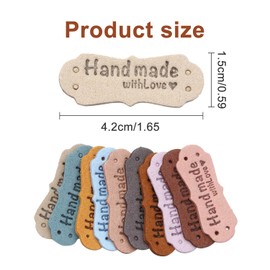 TopBine 50pcs Handmade Leather Labels,Microfiber Sewing Labels 10 Color Rectangle Word Handmade，Love Hearts Handmade Embossed Crochet Tags with Holes for Crafts Knitting Sewing Hats Purses Clothing