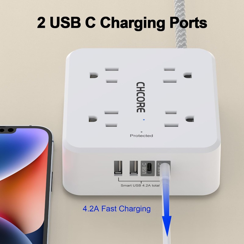 Surge Protector Power Strip - CHCORE 15Ft Braided Extension Cord