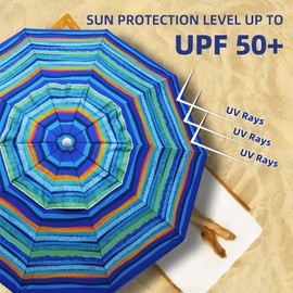 AMMSUN 8FT Large Beach Umbrella with sand anchor, Heavy Duty High Wind Portable Outdoor Umbrella UPF50+ UV Protection,Air Vents, Tilt Pole, Windproof Sun Shelter for Patio Garden Beach Pool Backyard