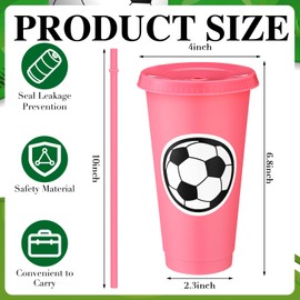 Domensi 12 Pcs Sport Soccer Plastic Cups with Lid and Straw 24 oz Reusable Plastic Cups Coffee Tumblers Gift for Fan Friend Guest Birthday Office Sport Party Supplies (Multicolor)
