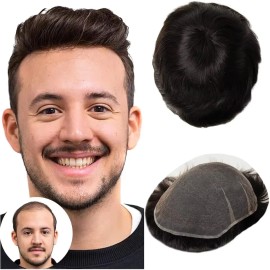 US Stock 100% Indian Hair 8X10 Full Swiss Lace base toupees for men extra light density human hair extension men lace toupeecolor: #1B, stretched length: 6inches, toupee size: 8X10