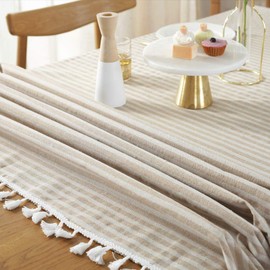 Plenmor Cotton Linen Table Cloth Stripe Tassel Rectangle Tablecloth Dust-Proof Table Cover for Kitchen Dinning Tabletop Decoration (140cm x 180cm, Red)