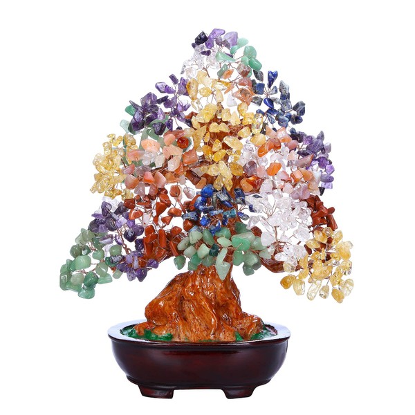 Jovivi Large Feng Shui Natural 7 Chakra Healing Crystal Money Tree Resin Base Bonsai Style Decoration for Wealth and Luck 9.5 Inches