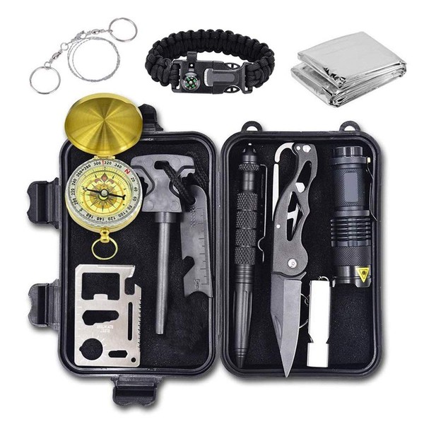 Emergency Survival Kit, 12 in 1 Outdoor Survival Gear Lifesaving Tools Contains Compass, Fire Starter, Flashlights for Camping Hiking Wilderness Adventures and Disaster Preparedness