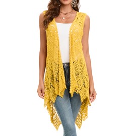 Women's Crochet Lace Vest Boho Sleeveless Kimono Irregular Hem Cardigan (Yellow-W03)