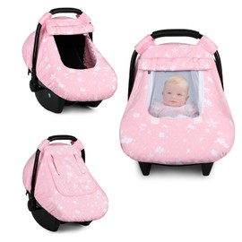 ManFaiSky Car Seat Cover Baby, Breathable Infant Baby Carseat Cover for Girls, Cozy & Windproof Infant Car Seat Covers Canopy, Extra Mesh Window, Pink