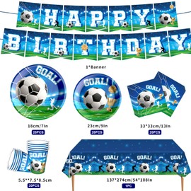 FloralGrace 82 Piece Football Birthday Party Decoration Set Includes plates, napkins, cups, banner and tablecloth for football themed birthday decorations, serves 20 people