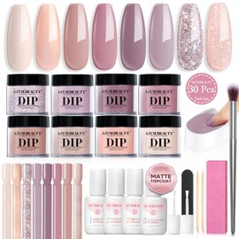 AZUREBEAUTY 30Pcs Dip Powder Nail Kit Starter 8 Colors Neutral Nude Skin Tones Beigh Glitter Lilac Dipping Powder Nail Diy Nail Art Set Home Gift For Women Girl with Nail Sticks