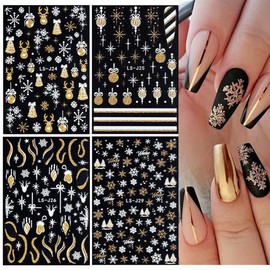 4Sheets Snowflake Nail Stickers for Nail Art 3D Shiny Christmas Nail Art Stickers Xmas Nail Art Supplies Glitter Gold Elk Bells Winter Nail Stripe Design Manicure Decal Slider for Xmas Nail Decoration