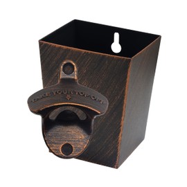 Jumiok Old Fashioned Wall Mount Beer Opener with Cap Catcher Rustproof, Antique Copper Mountable Soda Bottle Top Opener with Cap Bucket Post Mounted